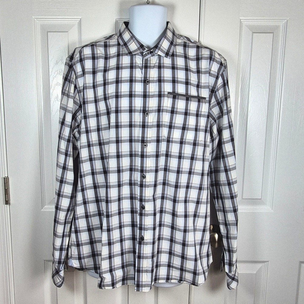 7 diamonds white‎ black blue plaid long sleeve button down shirt mens XL